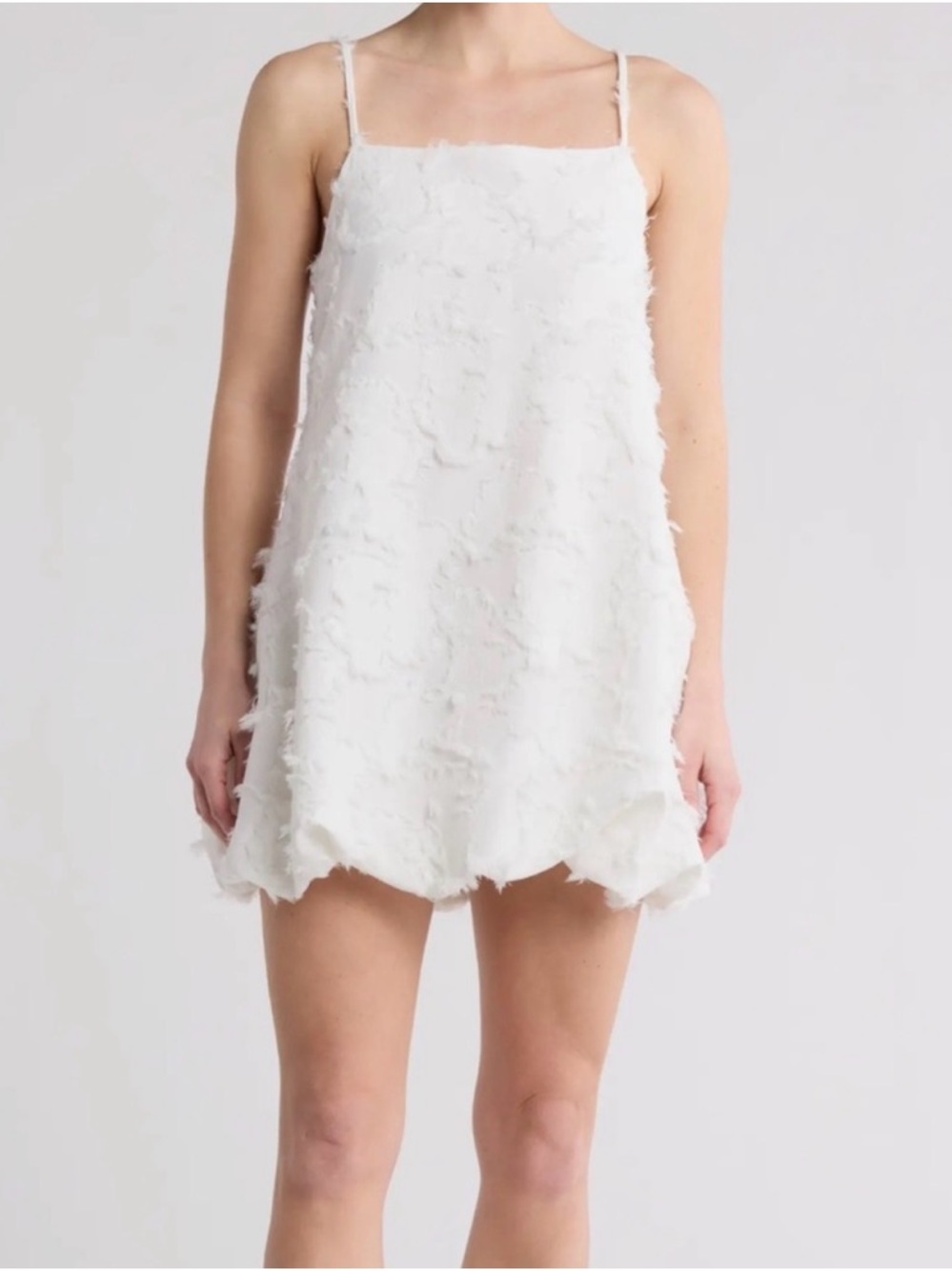 White Mini Shift Dress with Frayed Texture